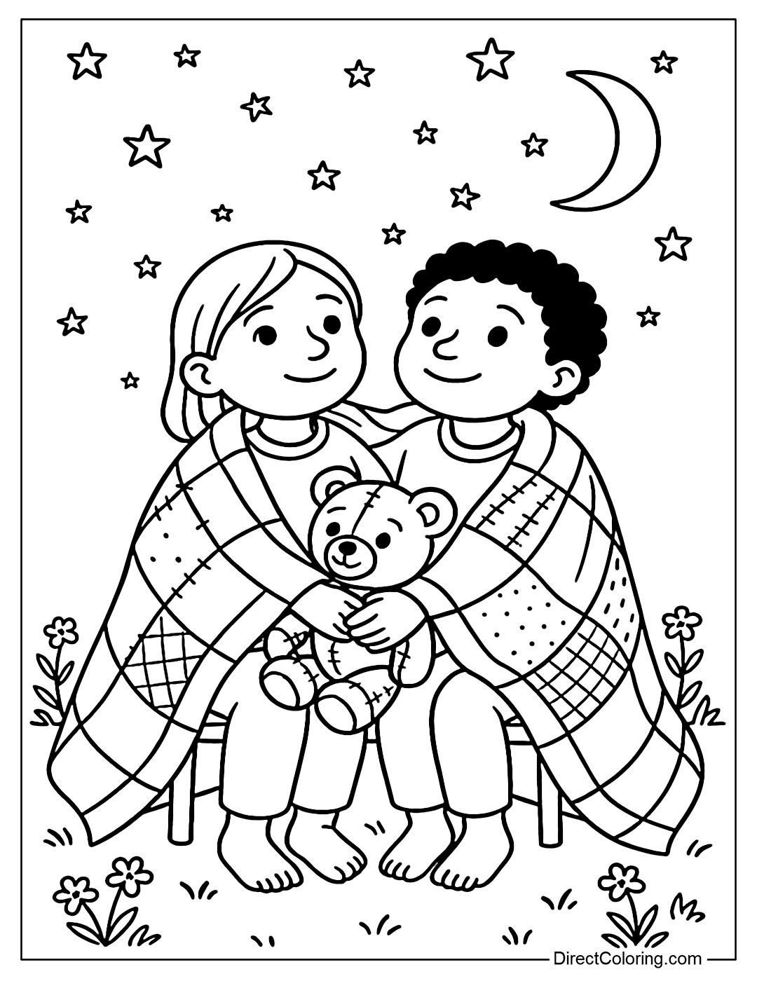 A coloring page of two children sitting close together, sharing a patched blanket, looking up at the stars.